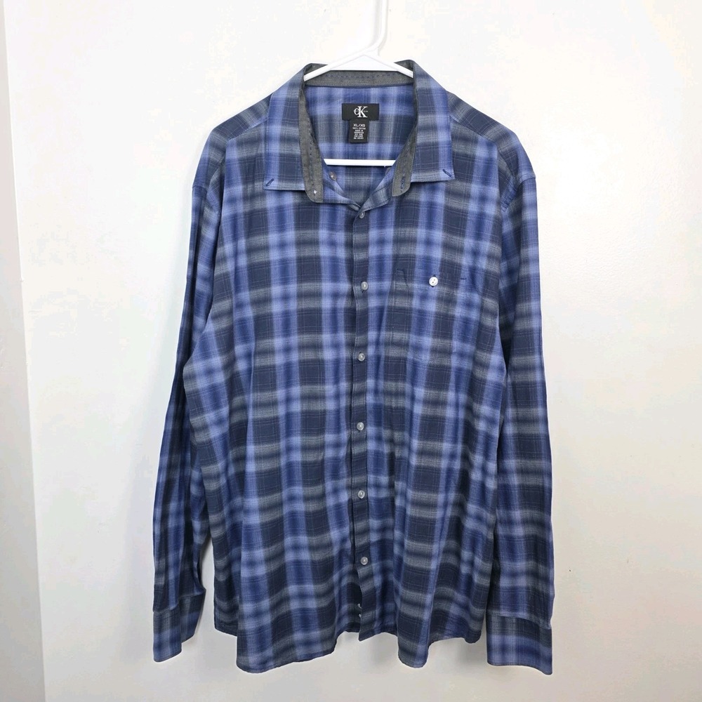 Calvin Klein Blue White Plaid Button Up Long Sleeve‎ Preppy Shirt Size XL